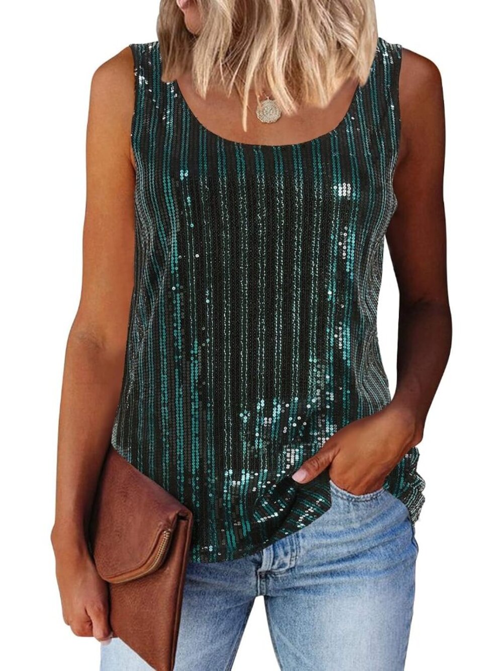 🆕Women's Green Black Sequin Tank Tops Scoop Neck Sequin Sparkle Shimmer Blouse